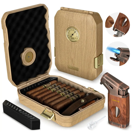 AWOTE Portable Cedar Wood Travel Cigar Humidor Set with Lighter, V-Cut Cutter, Humidifier & Hygrometer