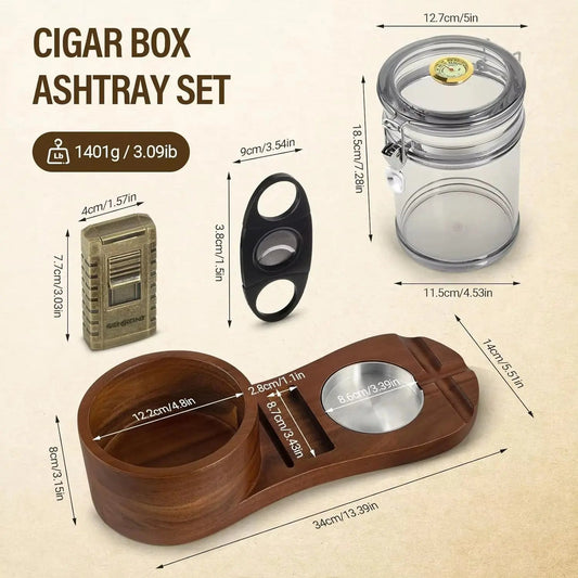 Cigar Humidor Set with Solid Wood Ashtray, Acrylic Jar, Cutter, Lighter, Humidifier, and Dropper