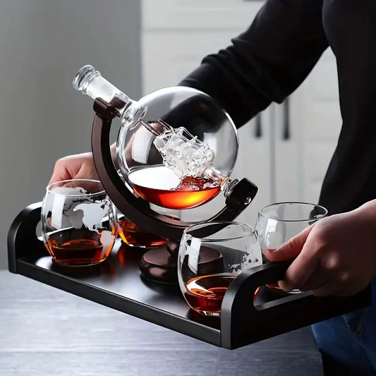 Globe Decanter Set - Lead-Free Carafe with Exquisite Wood Stand & 2 Whisky Glasses