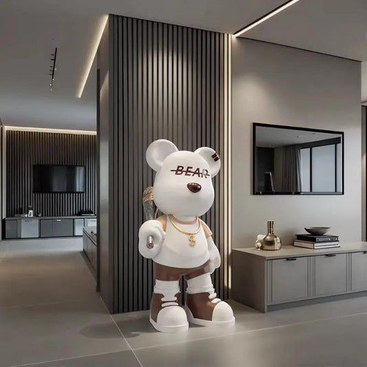 Baseball Bat Violent Bear Sculpture - Multi-Functional Room Decor with Bluetooth Audio