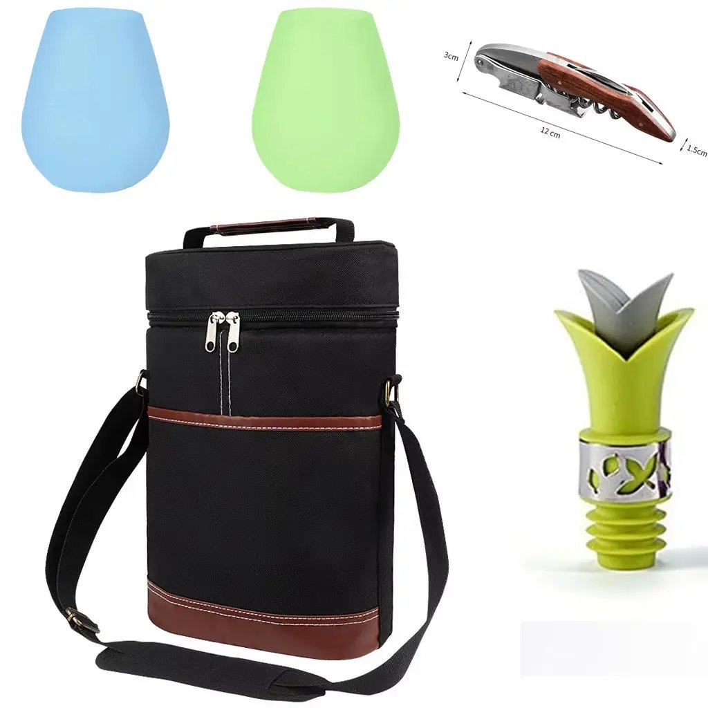 Insulated Wine Bottle Cooler Bag - Holds 2 Bottles & Wine Glass