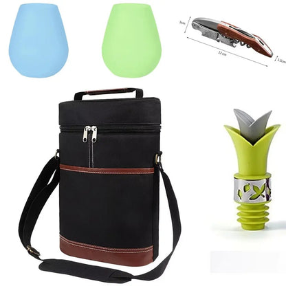 Insulated Wine Bottle Cooler Bag - Holds 2 Bottles & Wine Glass