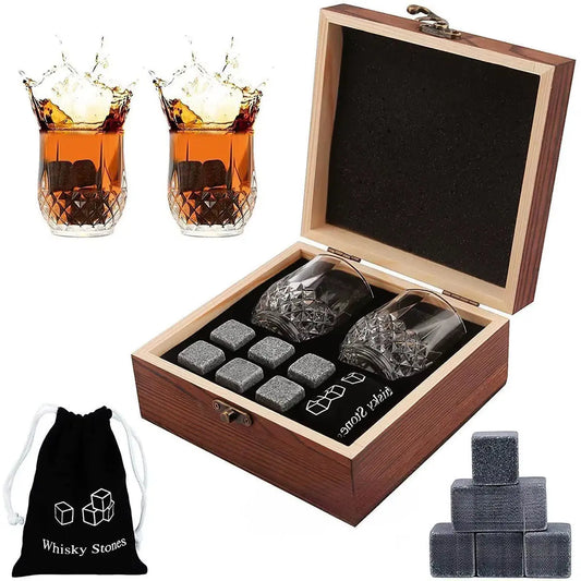 Elegant Whiskey Stones Glasses Set in Wooden Gift Box