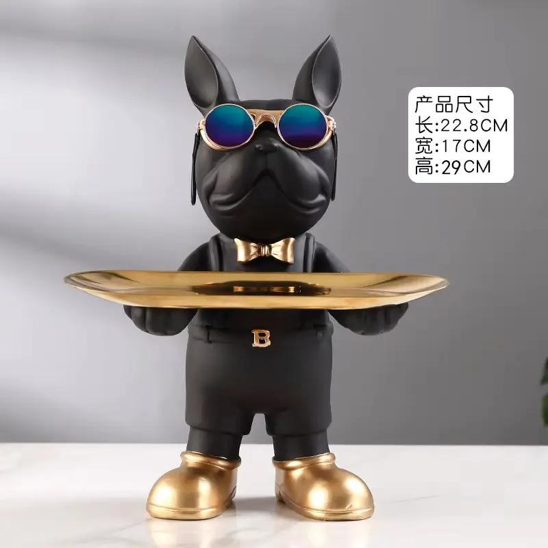 Bulldog Figurine Home Decor: Elegant Table Ornament and Storage Tray Sculpture