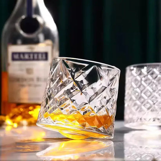Handmade Crystal Tumbler Whiskey Glass with Rotating Base