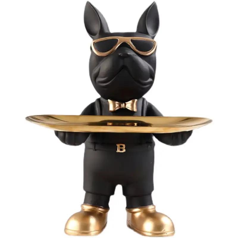 Bulldog Figurine Home Decor: Elegant Table Ornament and Storage Tray Sculpture