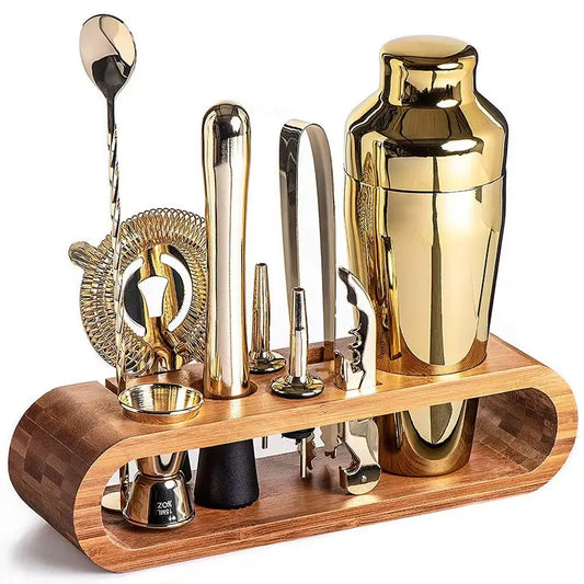 10-Piece Cocktail Mixology Set with Elegant Bamboo Stand - Silver, Black, Gold, Bronze