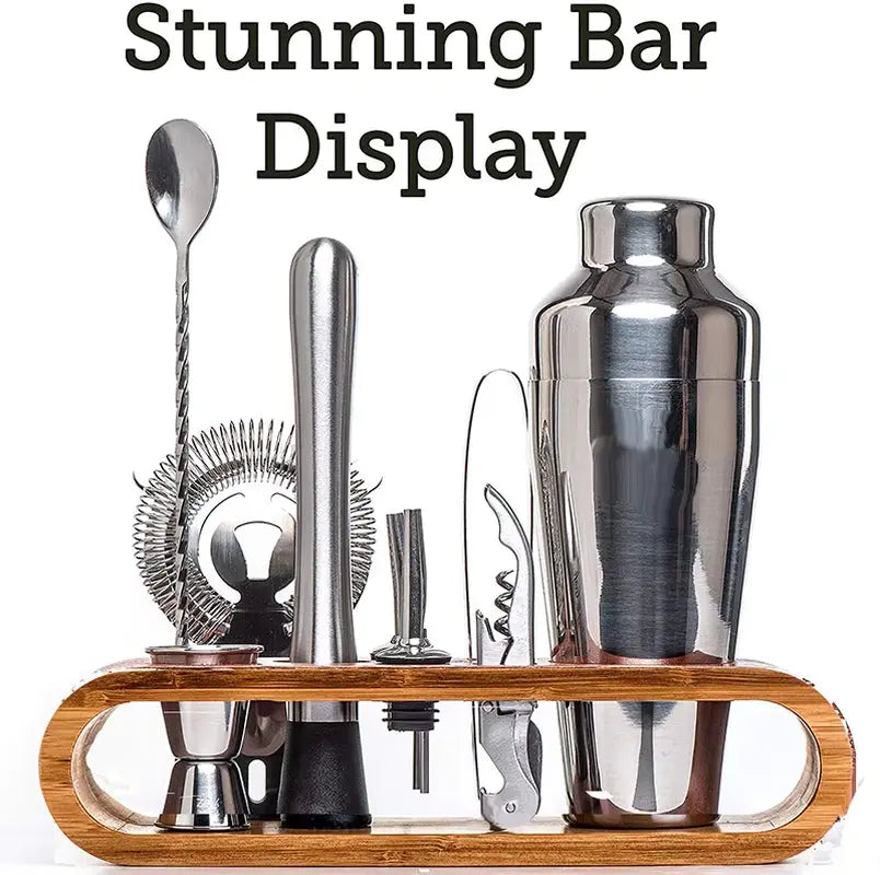 10-Piece Cocktail Mixology Set with Elegant Bamboo Stand - Silver, Black, Gold, Bronze