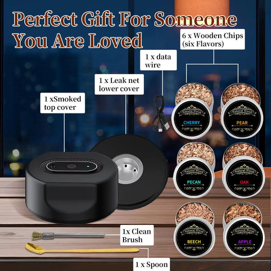 Rechargeable Electric Whiskey Smoker Kit - 6 Natural Wood Chip Flavors & Built-In Lighter