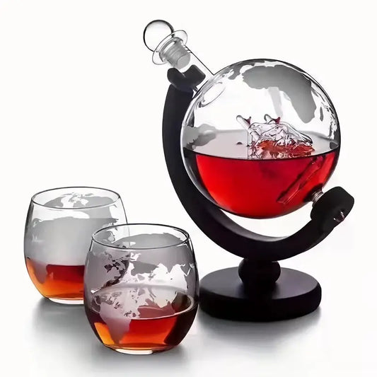 Globe Decanter Set - Lead-Free Carafe with Exquisite Wood Stand & 2 Whisky Glasses