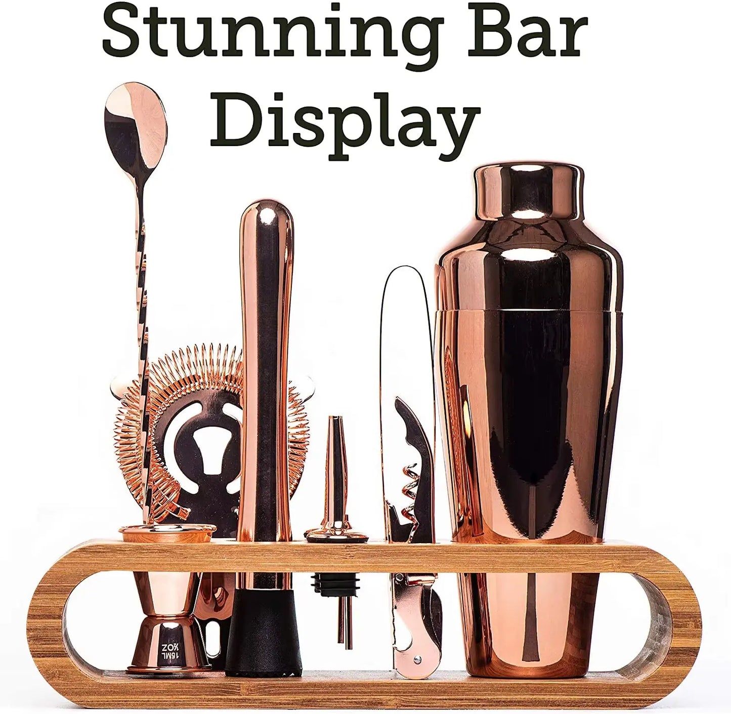 10-Piece Cocktail Mixology Set with Elegant Bamboo Stand - Silver, Black, Gold, Bronze