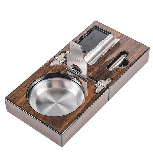 Cigar Ashtray Foldable Walnut Wood Box Include Cigar Cutter Holder and Hole Opener
