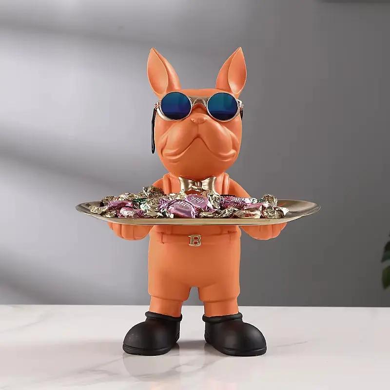 Bulldog Figurine Home Decor: Elegant Table Ornament and Storage Tray Sculpture