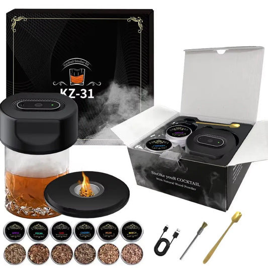 Rechargeable Electric Whiskey Smoker Kit - 6 Natural Wood Chip Flavors & Built-In Lighter