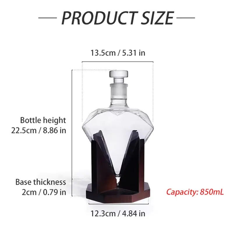 850ml Diamond Whiskey Decanter Bottle with Wooden Base