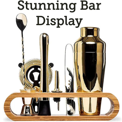 10-Piece Cocktail Mixology Set with Elegant Bamboo Stand - Silver, Black, Gold, Bronze