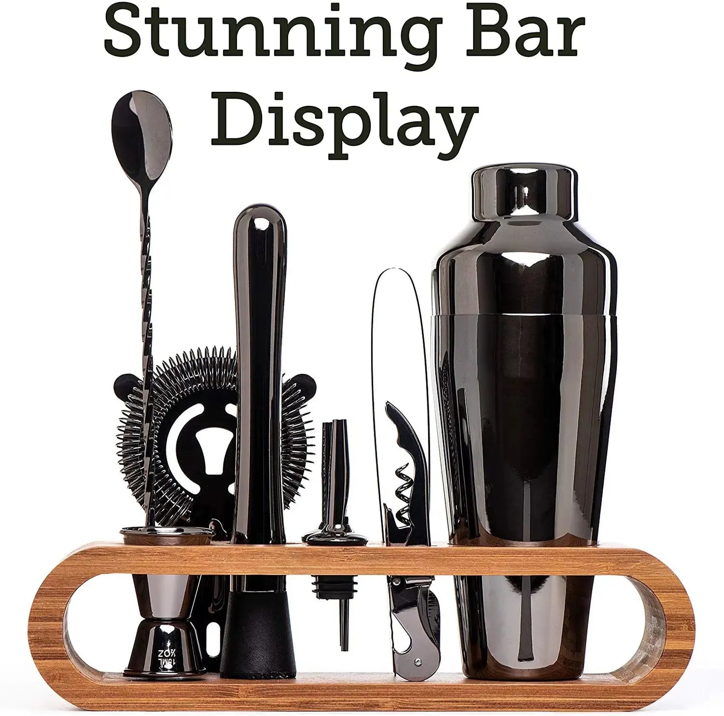 10-Piece Cocktail Mixology Set with Elegant Bamboo Stand - Silver, Black, Gold, Bronze