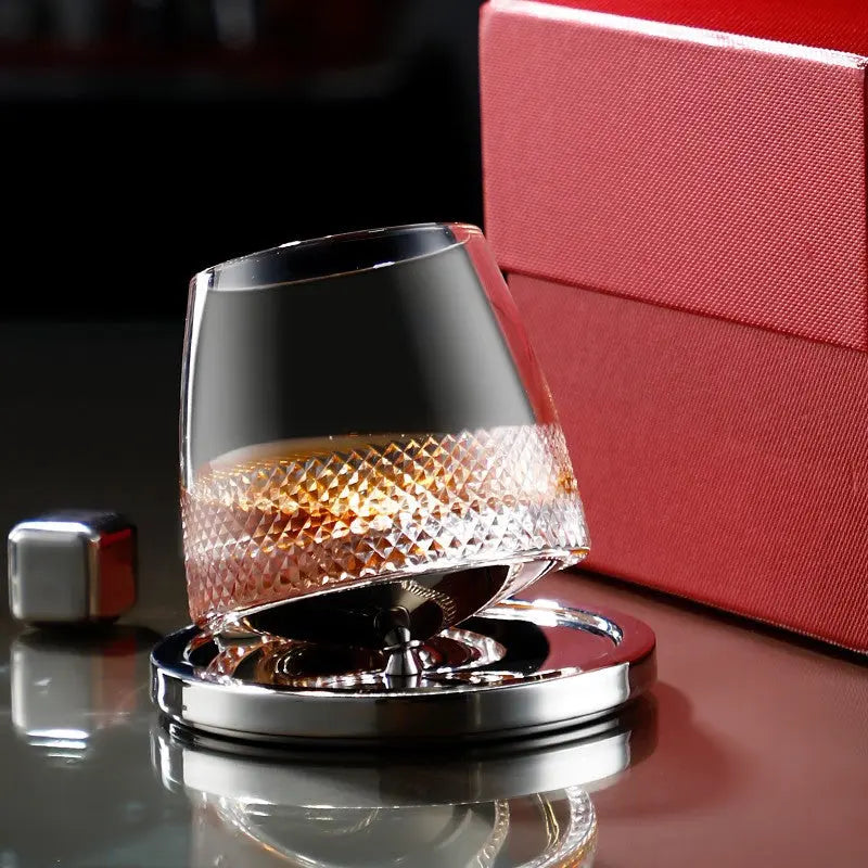 Stylish Rotating Whiskey Glass with Metal Base