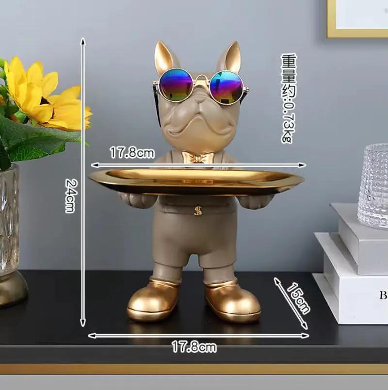 Bulldog Figurine Home Decor: Elegant Table Ornament and Storage Tray Sculpture