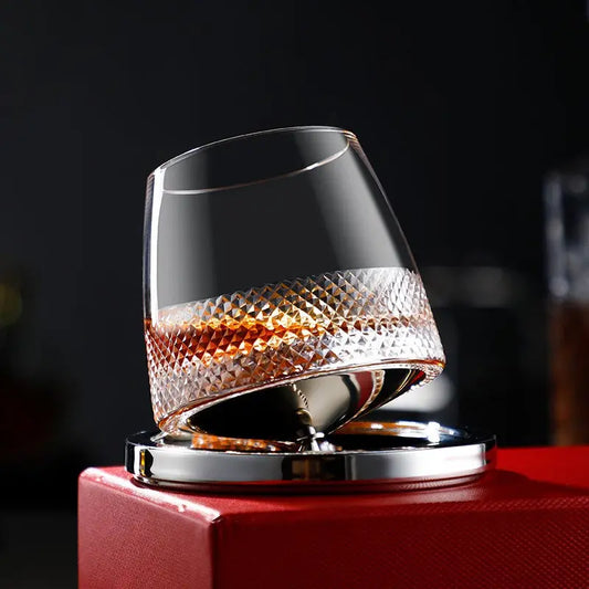 Stylish Rotating Whiskey Glass with Metal Base