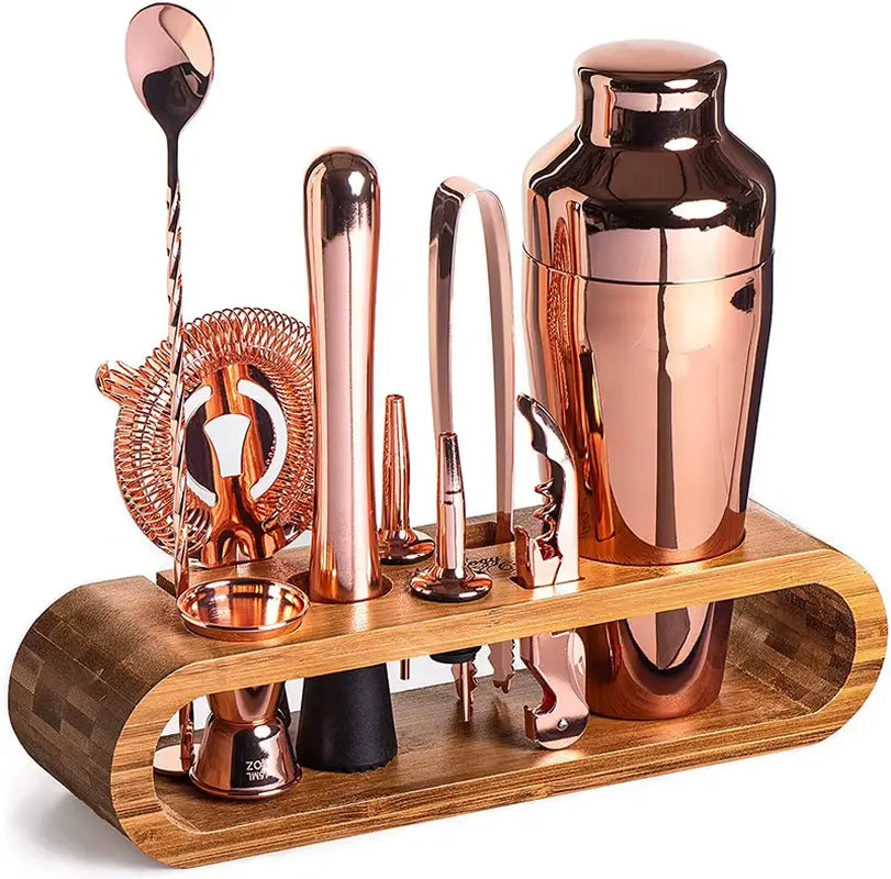 10-Piece Cocktail Mixology Set with Elegant Bamboo Stand - Silver, Black, Gold, Bronze