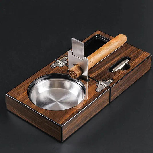Cigar Ashtray Foldable Walnut Wood Box Include Cigar Cutter Holder and Hole Opener