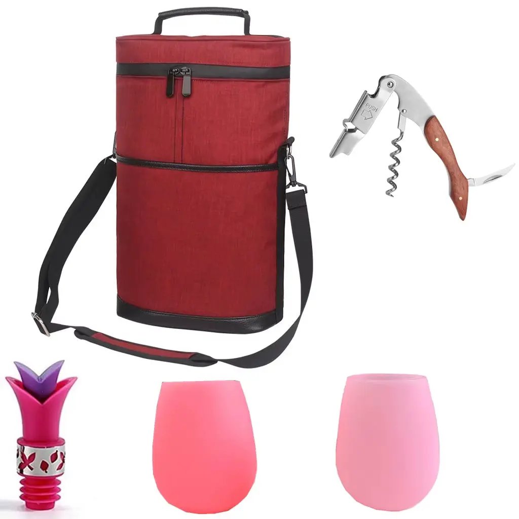 Insulated Wine Bottle Cooler Bag - Holds 2 Bottles & Wine Glass