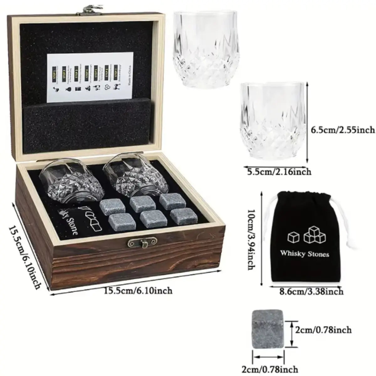 Elegant Whiskey Stones Glasses Set in Wooden Gift Box