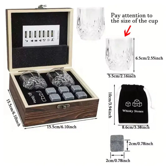 Elegant Whiskey Stones Glasses Set in Wooden Gift Box