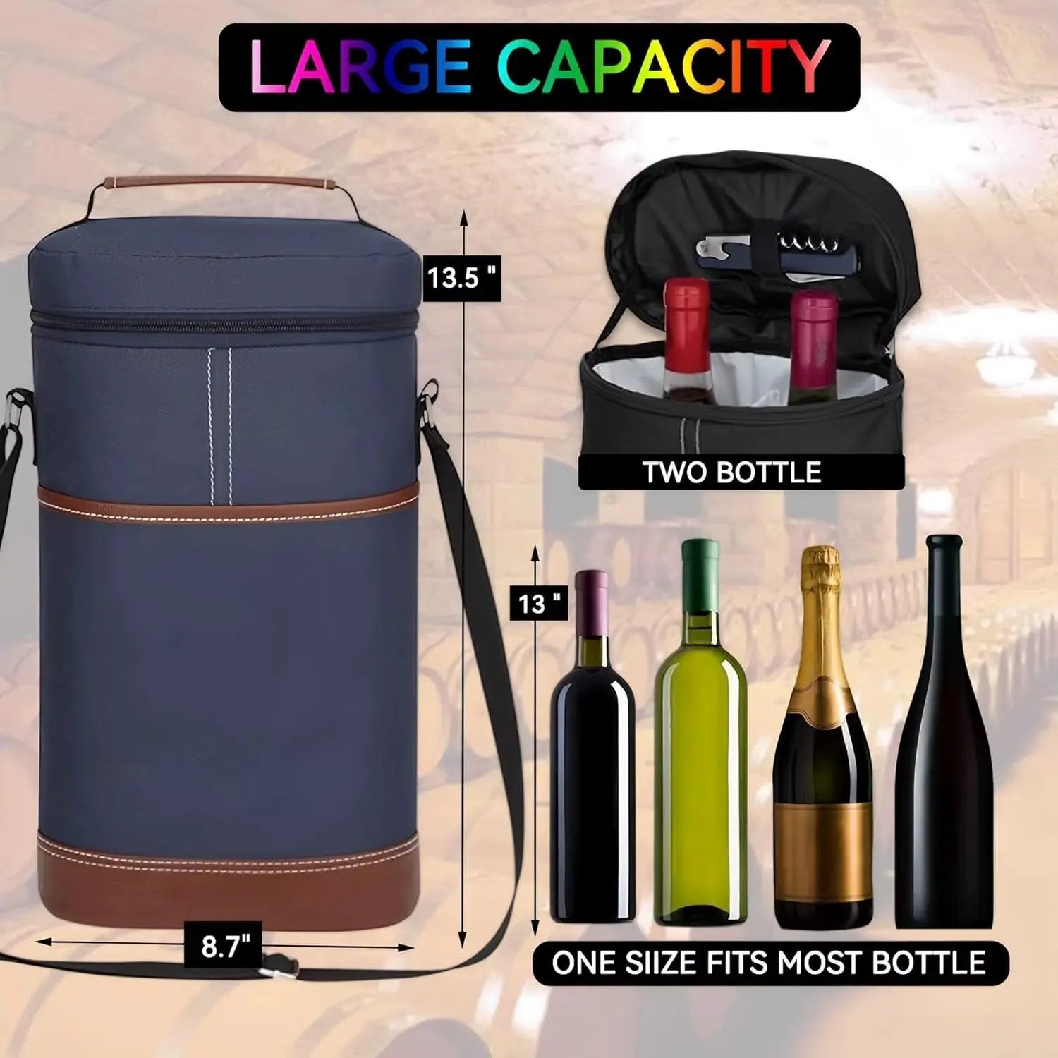 Insulated Wine Bottle Cooler Bag - Holds 2 Bottles & Wine Glass